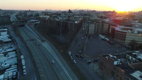 Aerial-of-Harlem,-New-York-City-at-Sunset