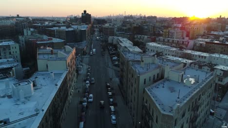 Aerial-of-Harlem,-New-York-City-at-Sunset