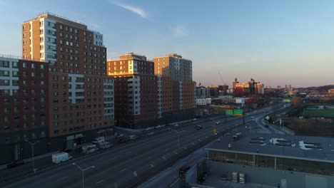 Aerial-of-Harlem,-New-York-City-at-Sunset