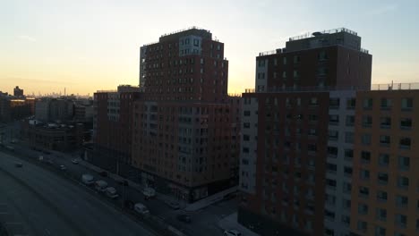 Aerial-of-Harlem,-New-York-City-at-Sunset