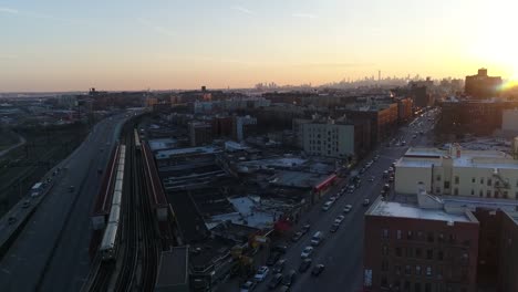 Aerial-of-Harlem,-New-York-City-at-Sunset