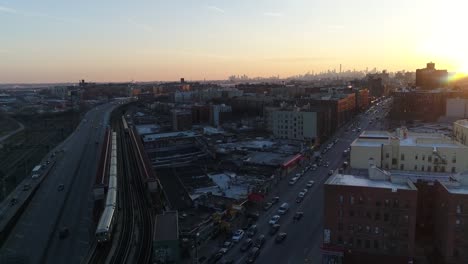 Aerial-of-Harlem,-New-York-City-at-Sunset