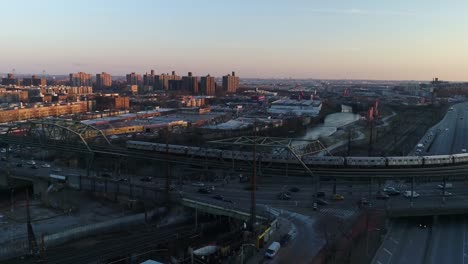 Aerial-of-Harlem,-New-York-City-at-Sunset