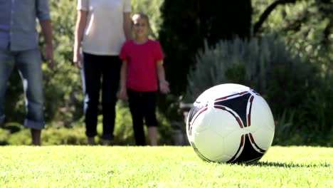 Family-Running-To-Kick-Football-In-Garden