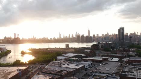 pulling-back-from-Manhattan-skyline-and-East-River-water-in-Greenpoint-Brooklyn-New-York-City