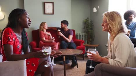 Two-young-women-sitting-in-the-lounge-room-at-a-pub,-holding-drinks-and-having-a-conversation,-close-up,-side-view