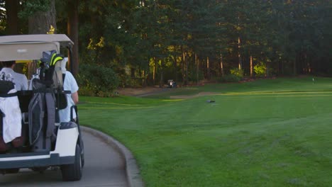 Zwei-Golfspieler-Fahrt-in-einem-Golf-Warenkorb.