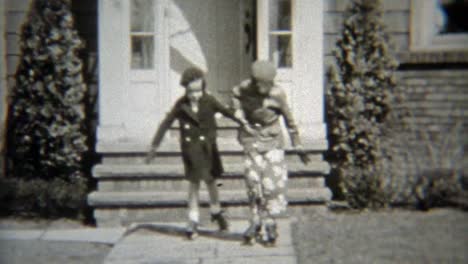 1938:-Girl-putting-on-rollerskates-and-cruising-down-sidewalk.