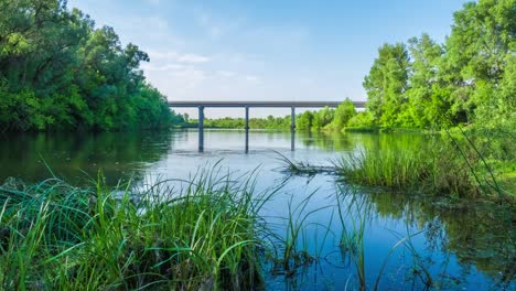 der-Fluss-fließt-unter-der-Brücke-einen-sonnigen-Sommer-Tag-Natur-Tour-Zeitraffer