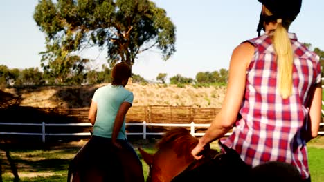 Friends-riding-horse-in-ranch-4k