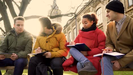 Four-students-have-a-discussion-sitting-at-park-near-campus