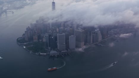 High-angle-aerial-view-of-lower-Manhattan-with-low-clouds.