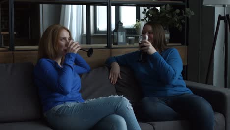 Cheerful-female-friends-toasting-wine-glasses-on-sofa