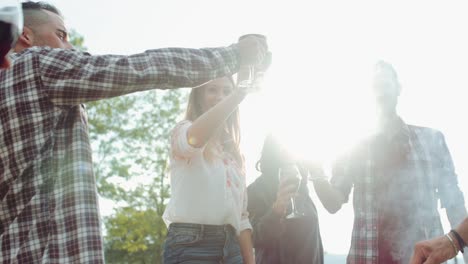 Gruppe-von-Freunde-jubeln-Zweisamkeit-während-der-Pic-nic.-in-Zeitlupe-erschossen