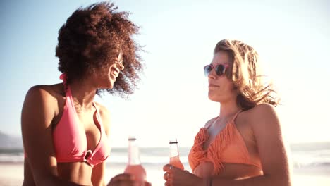 Girl-friends-in-bikinis-talking-on-a-beach-with-alcopops