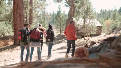 Six-friends-walk-on-forest-path-towards-log-cabin
