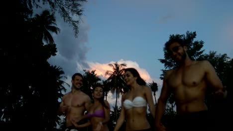 Alegre-grupo-de-personas-hablando-caminando-en-la-playa-después-de-puesta-del-sol,-dos-mezcla-carrera-pareja-de-turistas-en-la-costa