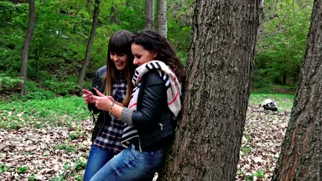 Dos-amigas-felizes-tomando-selfie-foto-con-su-smartphone-en-el-parque.-Brote-de-steadycam-Sony-uhd,-stock-video