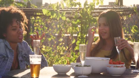 Friends-eating-snacks-and-drinking-on-roof-terrace,-close-up