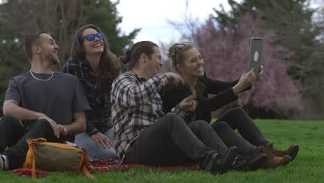 Gruppe-von-Jugendlichen-im-Park-auf-Decke-nehmen-Selfies-zusammen