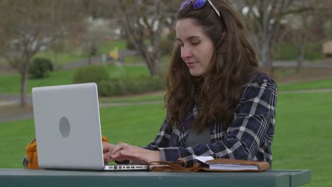 Woman-at-park-on-working-on-laptop-computer