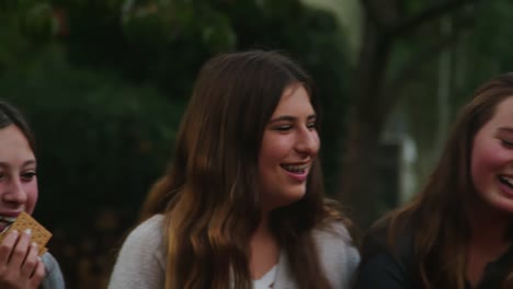 Teenage-friends-toasting-marshmallows-laughing,-close-up