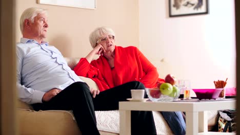 Middle-aged-man-and-woman-talking-and-sitting-at-cozy-living-room