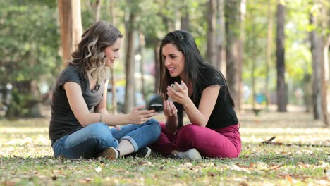 Ehrliche-Freunde-draußen-im-Park-Überprüfung-ihres-Handys.-Mädchen-sitzen-auf-ihren-Smartphones-im-Chat