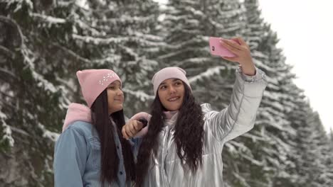 Two-girlfriends-make-selfie-on-the-background-of-the-winter-forest-using-a-smartphone.-4K