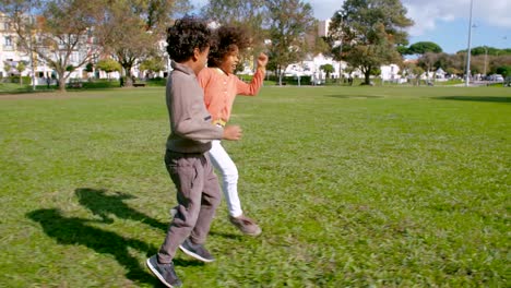 Freudige-afrikanischen-amerikanischen-Freunden-laufen-und-Hand-in-Hand-im-park