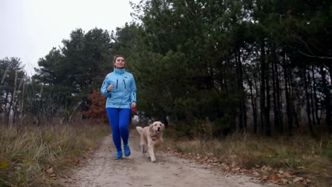 Sportlich-fit-Frau-mit-Hund-Joggen-im-herbstlichen-Wald