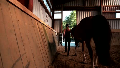 Girl-leading-her-horse-out-of-stables-with-vintage-feel