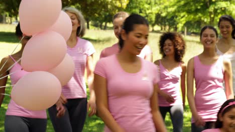 Glückliche-Frauen-gehen-auf-einem-Spaziergang-für-Brustkrebs-Bewusstsein