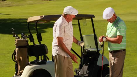 Two-male-friends-chatting-on-golf-course-by-kart