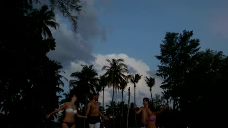 Vista-inferior-de-dos-jóvenes-parejas-caminando-por-playa-en-crepúsculo,-alegre,-hombres-y-mujeres-agarrados-de-la-mano-de-vacaciones-de-verano-junto-al-mar