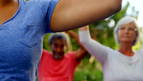 Trainer-and-seniors-performing-yoga-in-garden-4k