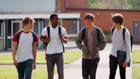 Grupo-de-estudiantes-adolescentes-varones-paseando-por-el-Campus-de-la-Universidad