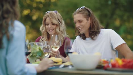 Menschen-jubeln-mit-Getränken-bei-Outdoor-Dinner-Party