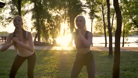 Two-young-pretty-womans-doing-squats-in-park,-weight-loss,-fitness-models-exercising,-lens-flare-and-beautiful-view