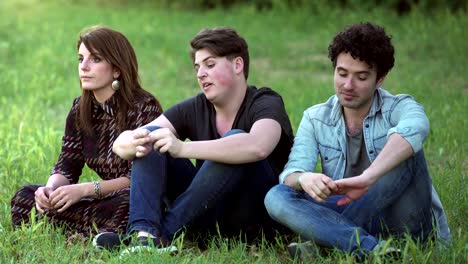 Portrait-of-relaxed-Young-friends-talking-sitting-in-a-meadow