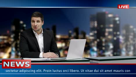 Locutor-de-los-medios-de-comunicación-es-sentado-en-una-mesa-y-hablando.-Maqueta-de-demostración-de-las-noticias.