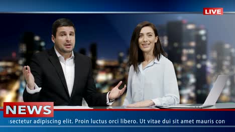 Dos-locutores-de-los-medios-de-comunicación-está-sentado-en-el-estudio-y-discusión.-Maqueta-de-demostración-de-las-noticias.