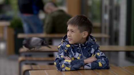 boy-is-sitting-at-a-table-in-a-cafe-outdoors,-doves-in-the-background