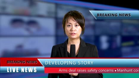 Asian-American-news-anchor-in-studio-with-lower-thirds,-Live-news-concept