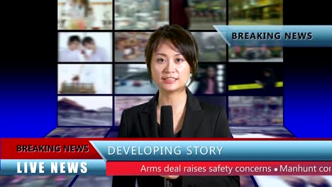 Asian-American-news-anchor-in-studio-with-lower-thirds,-Live-news-concept