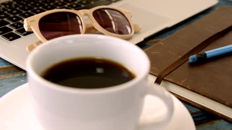 Coffee,-organizer,-pencil,-sunglasses-and-laptop-on-table-4k