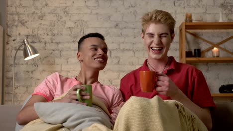 Multinational-gay-couple-sitting-on-couch-covered-with-a-warm-blanket,-holding-hands,-drink-tea,-look-at-the-camera,-laughing.-Homeliness,-romantic-evening,-background,-hugs,-happy-LGBT-family-concept.-60-fps