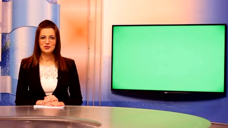 Young-woman-TV-presenter-,Green-Screen-background