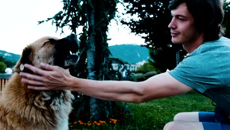 Man-feeds-a-stray-dog-with-a-piece-of-bread-and-cheese.-A-guy-stroking-a-good-dog