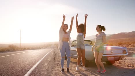 Amigas-que-se-divierten-durante-un-descanso-en-su-viaje-por-carretera